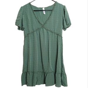 Beachsissi Women's Green V Neck Short Sleeve Ruffled Mini Dress Size Large